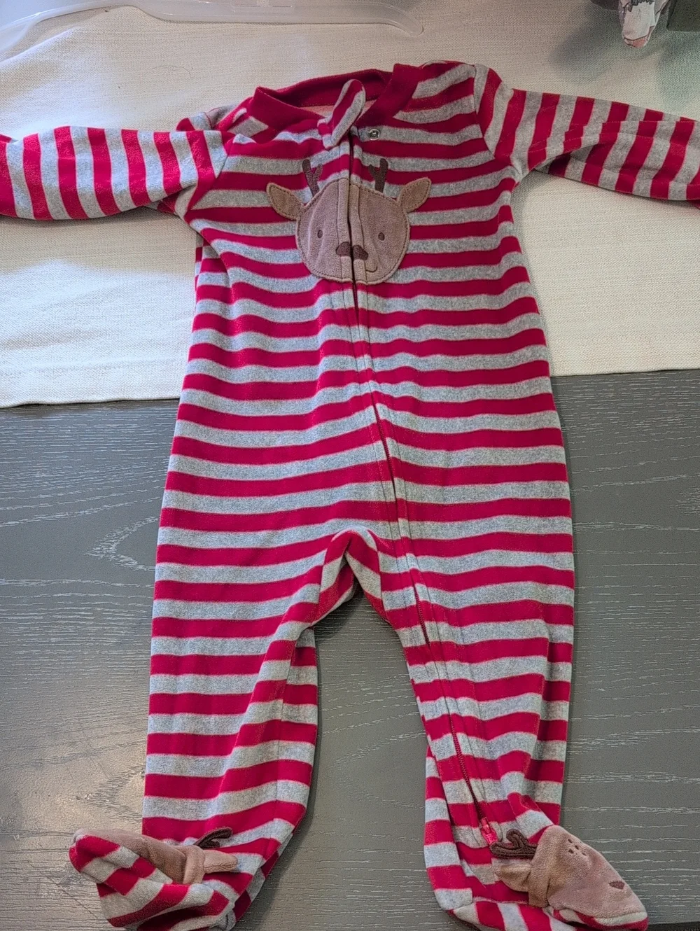 Pink & Gray Striped Kids One-Piece Footed Pajamas with Deer Applique